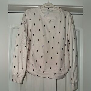 Z Supply Ivory Crewneck Sweater with Black & Brown Lightning Print